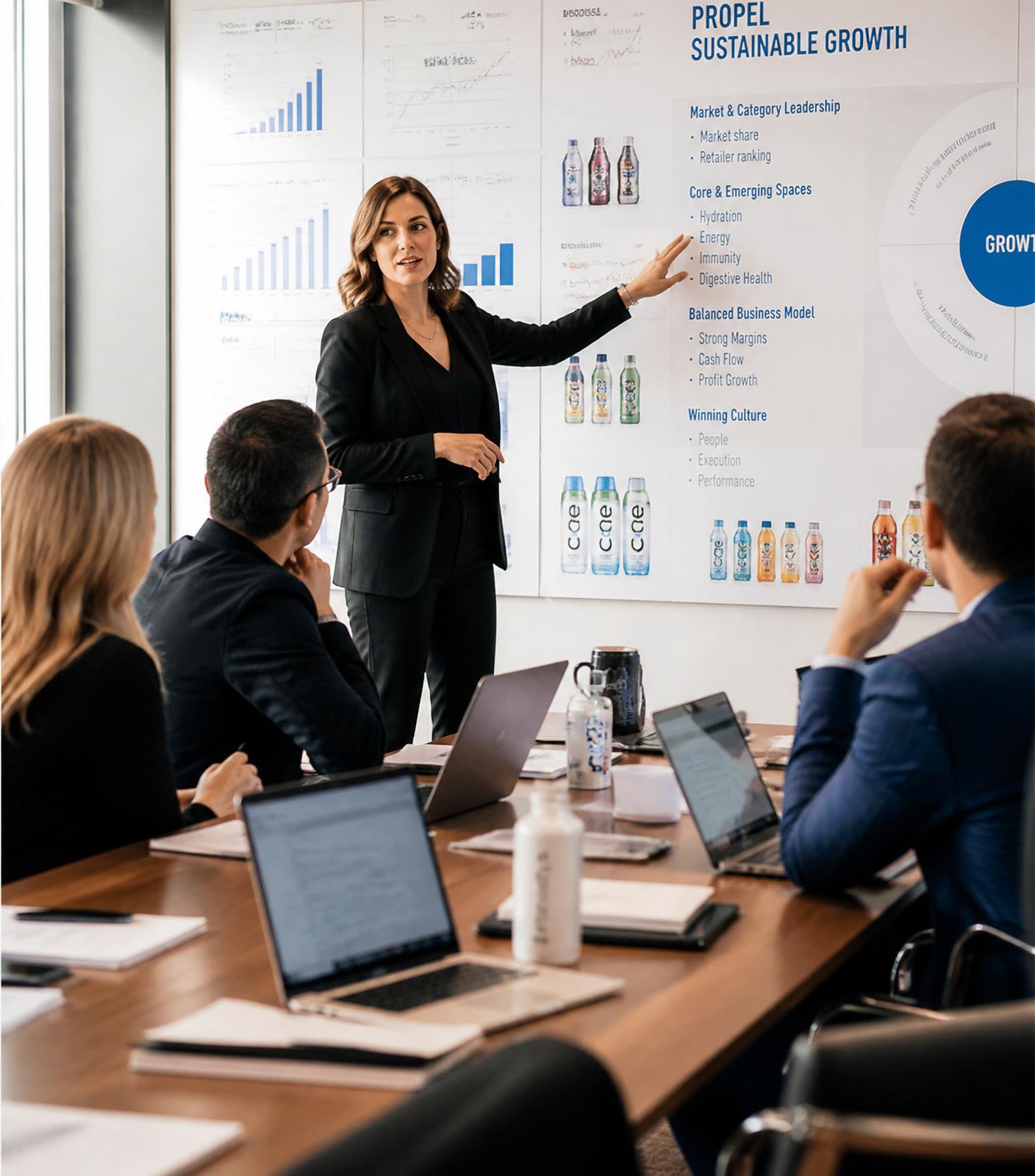 A cross-functional executive team in a commercial brand review, a leader presenting growth strategy at a wall of performance charts and product lineups