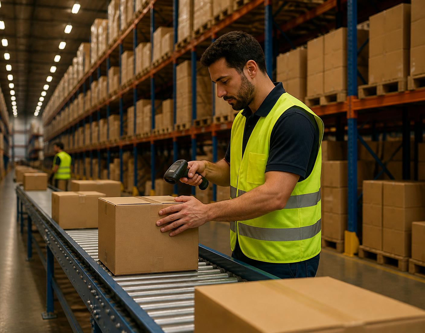 A worker scanning a package on a conveyor inside a vast modern distribution center, suggesting commercialization at scale